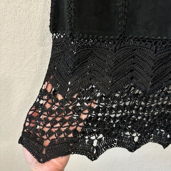 SAO PAULO Suede Midi Skirt Black Crochet Trim Retro Gothic 90s - Picture 6 of 11